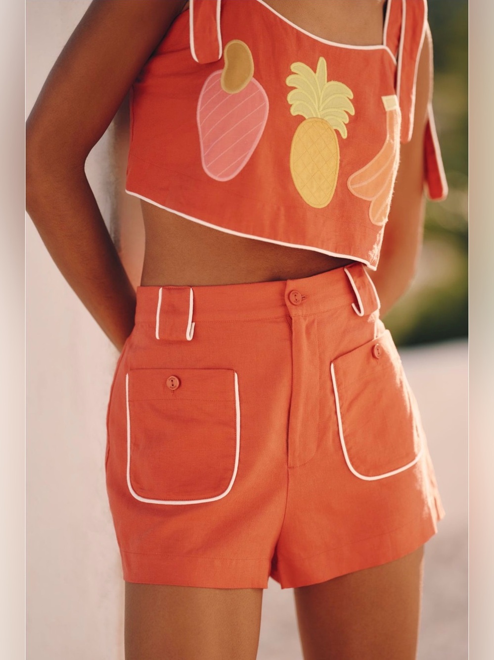 Anthropologie Coral-Orange High-Waist Shorts with White Piping